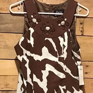 CECES NEW YORK Size 8 Brown White Print Sleeveless Dress Linen Blend BLING NWT